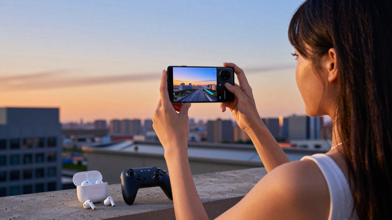 Mulher tira foto de paisagem urbana ao pôr do sol com smartphone, com auscultadores e comando na parede.