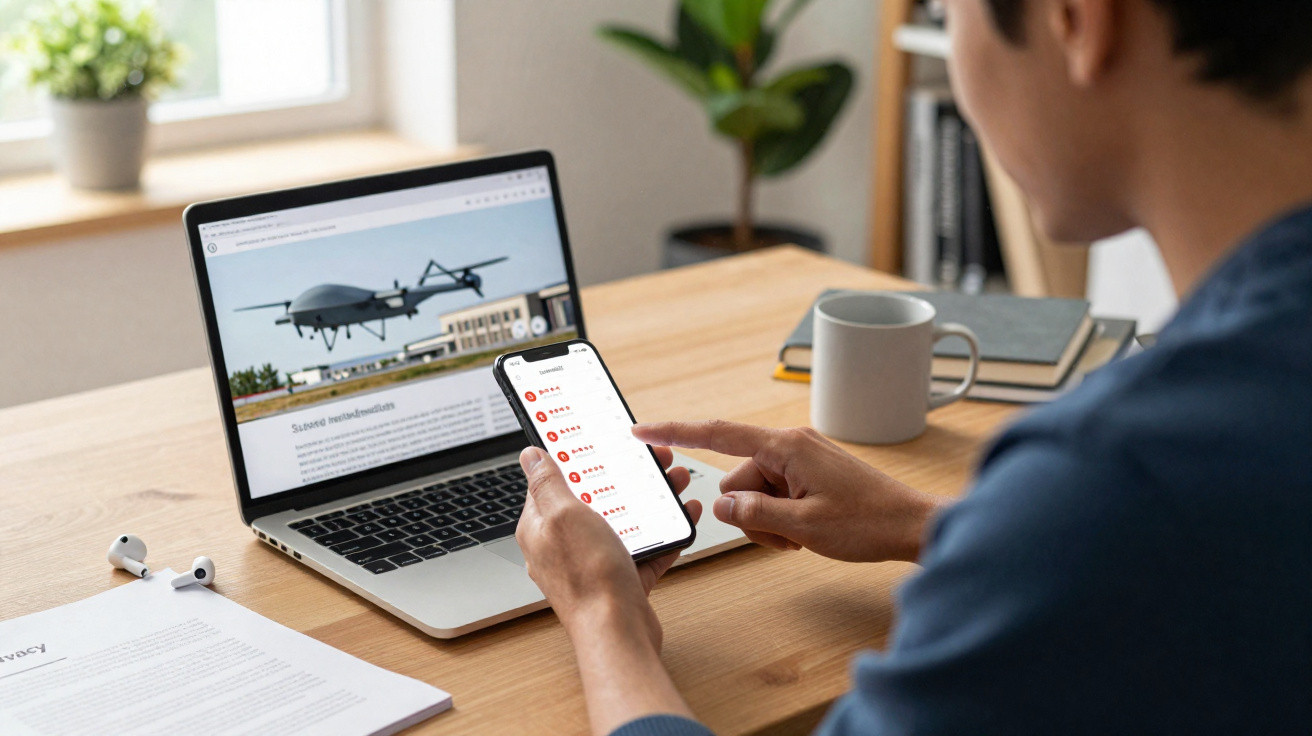 Pessoa a usar smartphone e laptop numa secretária com texto sobre drones e classificações no ecrã do telemóvel.