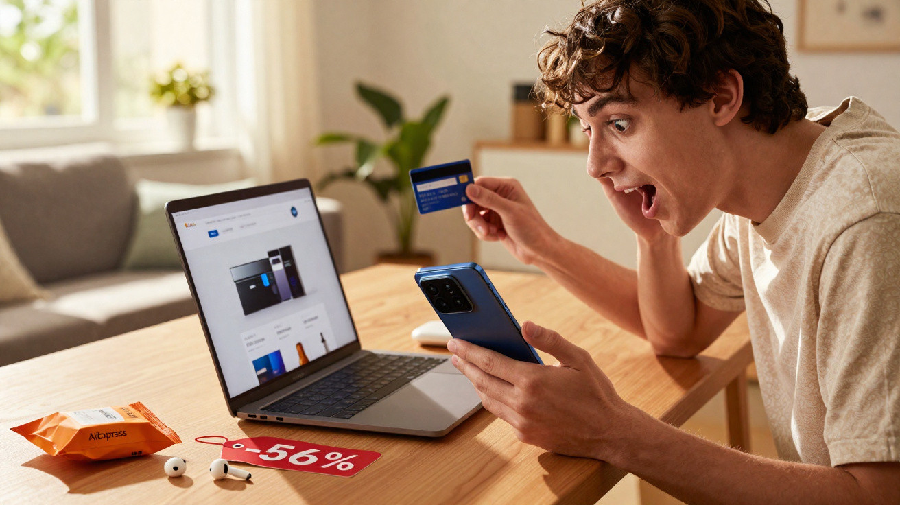 Jovem surpreendido faz compras online com smartphone, cartão e laptop, com desconto de 56% visível na mesa.