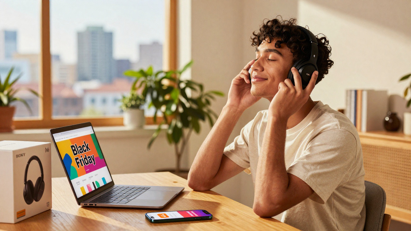 Jovem com auscultadores a ouvir música sentado numa mesa com portátil e smartphone com oferta Black Friday.