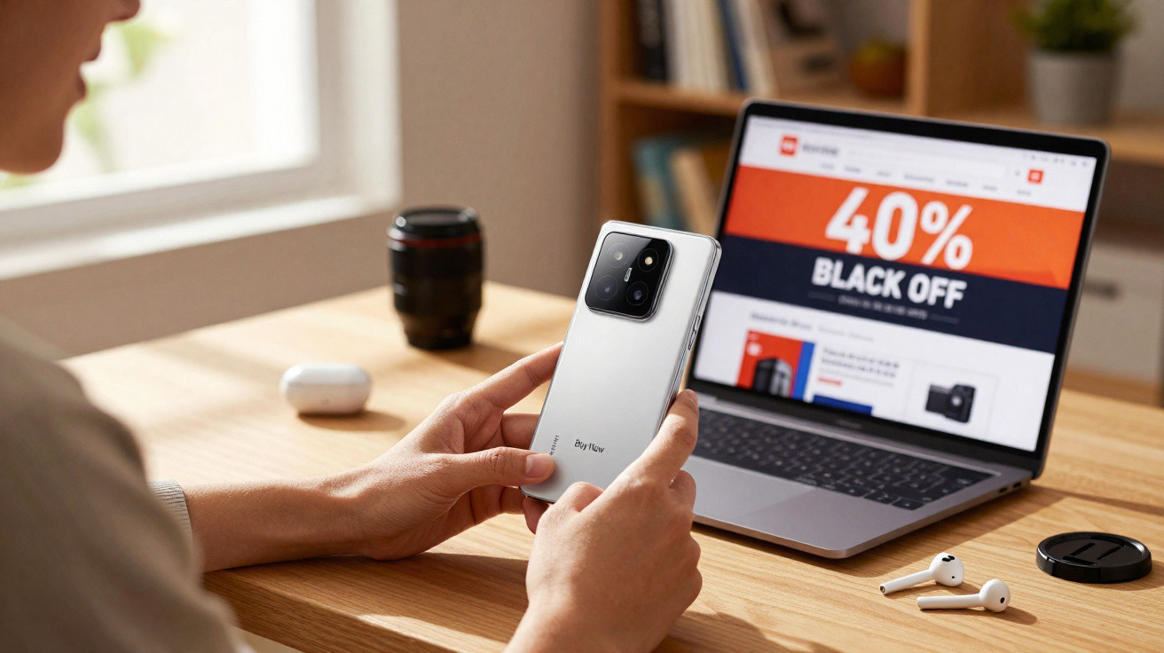 Pessoa segura smartphone branco enquanto consulta laptop com promoção de 40% de desconto numa mesa de madeira.