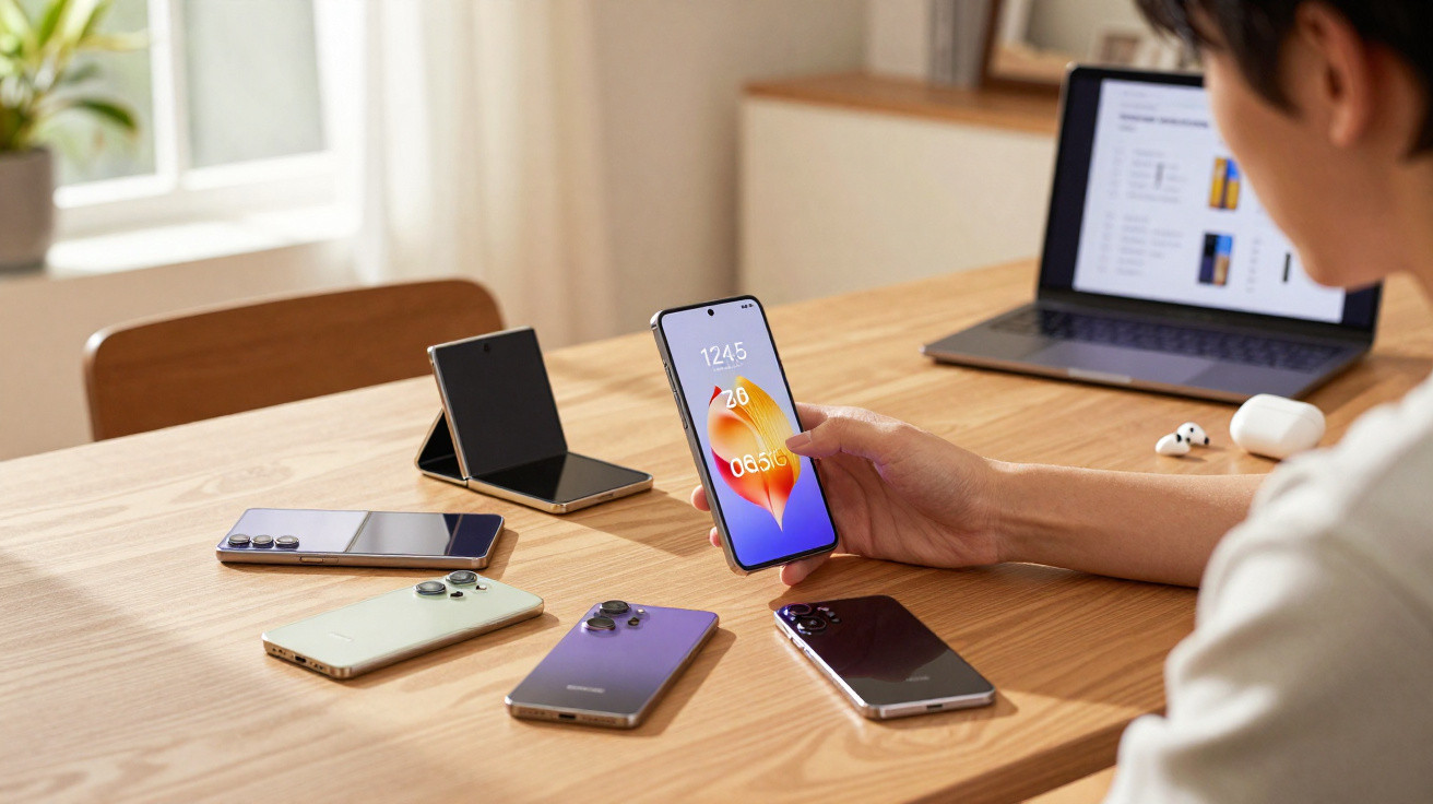 Pessoa a segurar smartphone moderno com vários telemóveis e computador portátil numa mesa de madeira.