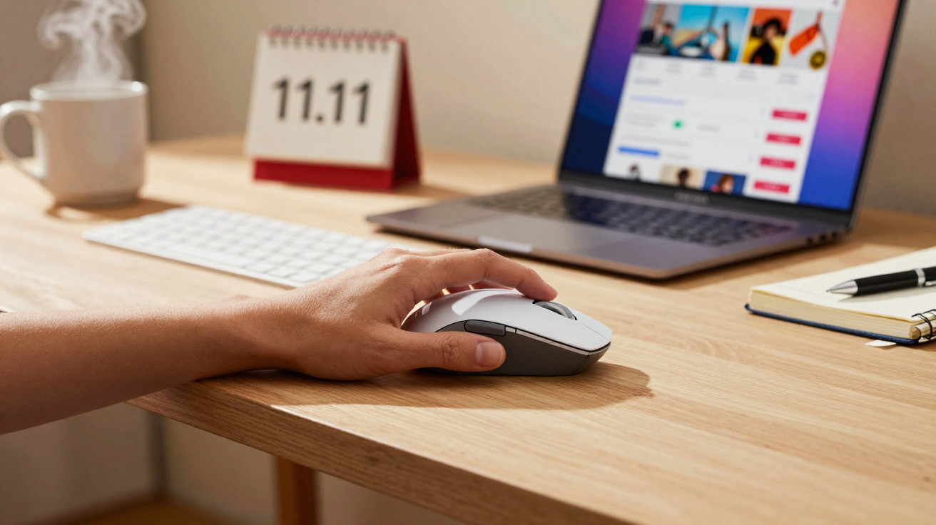 Pessoa a usar rato de computador numa secretária com computador portátil, calendário e chá quente.
