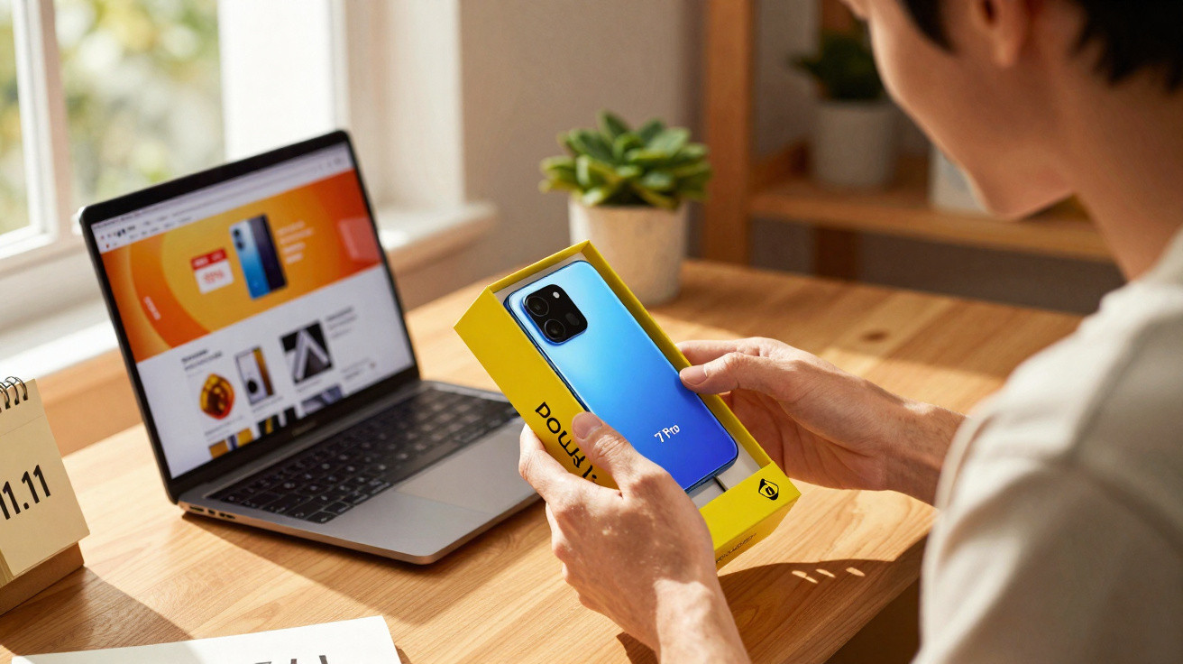 Pessoa a desembrulhar telemóvel Realme 7 Pro azul junto a computador portátil numa mesa de madeira.