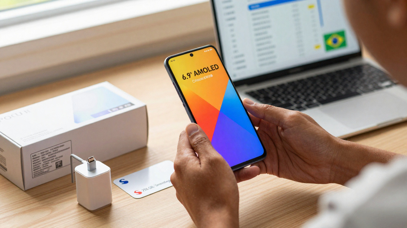 Pessoa a segurar smartphone com ecrã colorido AMOLED de 6,9 polegadas, ao lado de portátil e carregador.