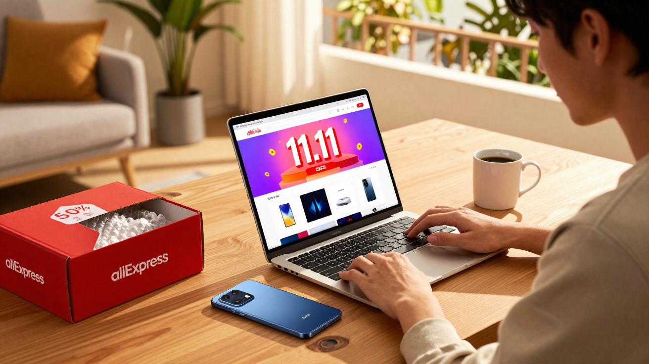 Pessoa a fazer compras online no AliExpress num portátil, com smartphone e caixa de encomenda na mesa.
