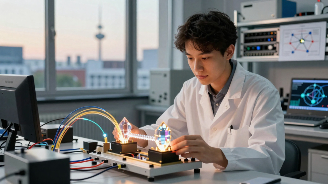 Homem jovem em bata branca manipula equipamento de óptica num laboratório tecnológico moderno ao entardecer.