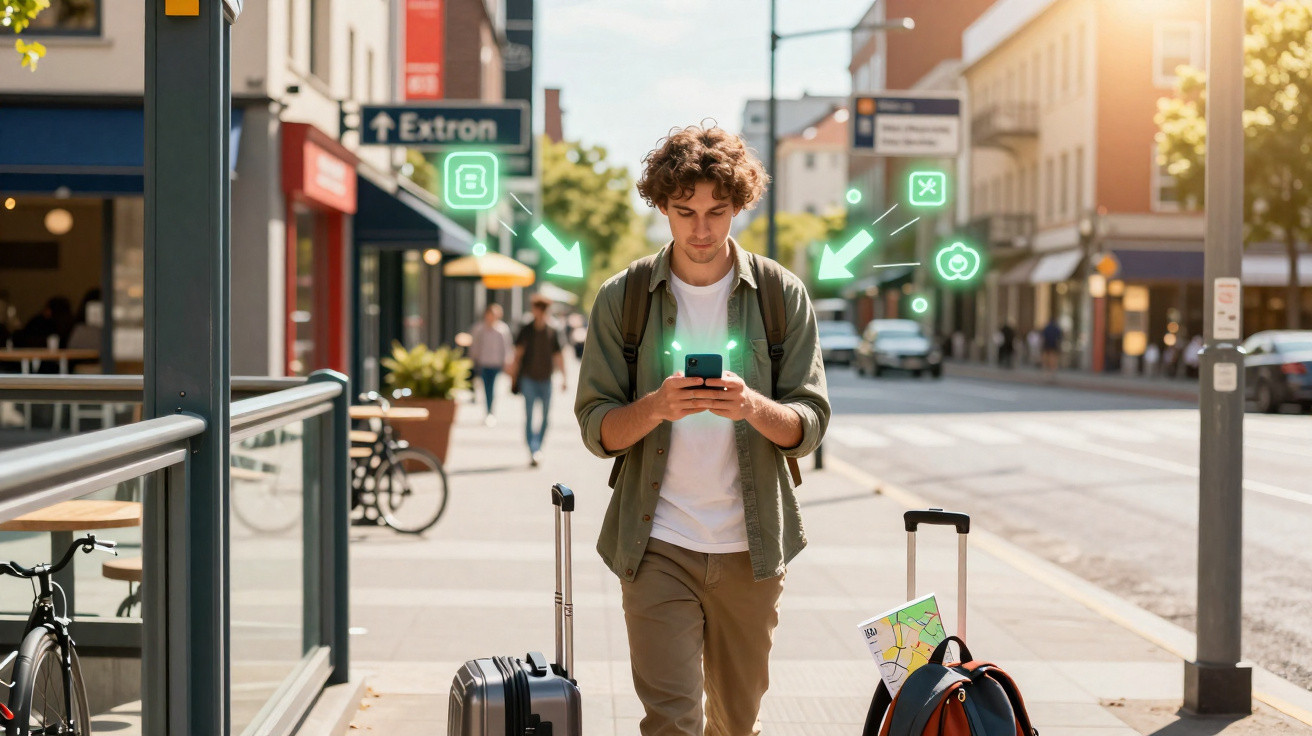 Jovem com mochila e bagagem consulta smartphone na rua, luz solar e ícones digitais verdes ao redor.