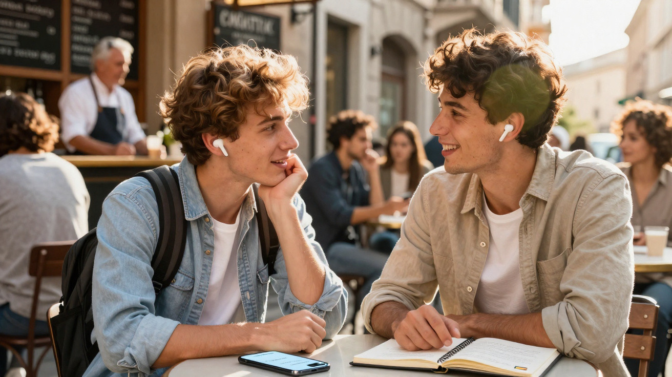 Dois jovens sentados à mesa de um café ao ar livre, conversando e sorrindo, ambos com auriculares.