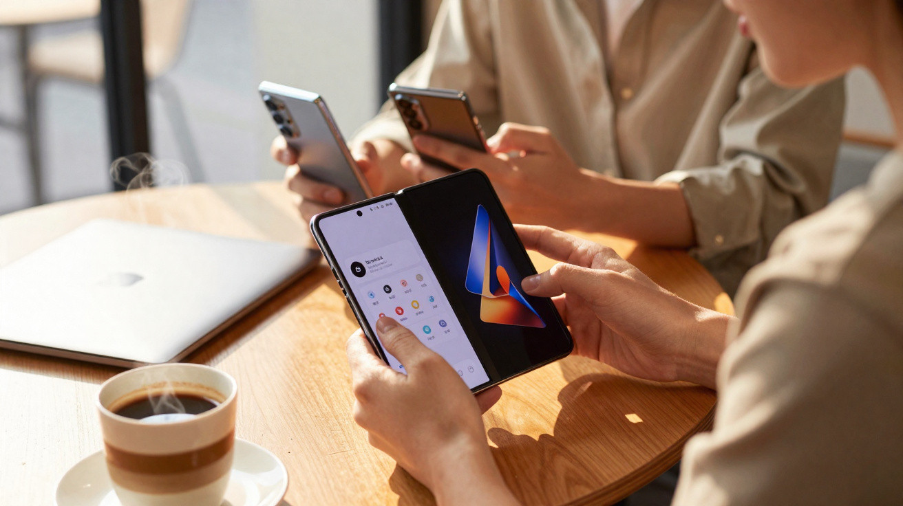 Duas pessoas sentadas numa mesa a usar smartphones, uma com telemóvel dobrável, e uma chávena de café.
