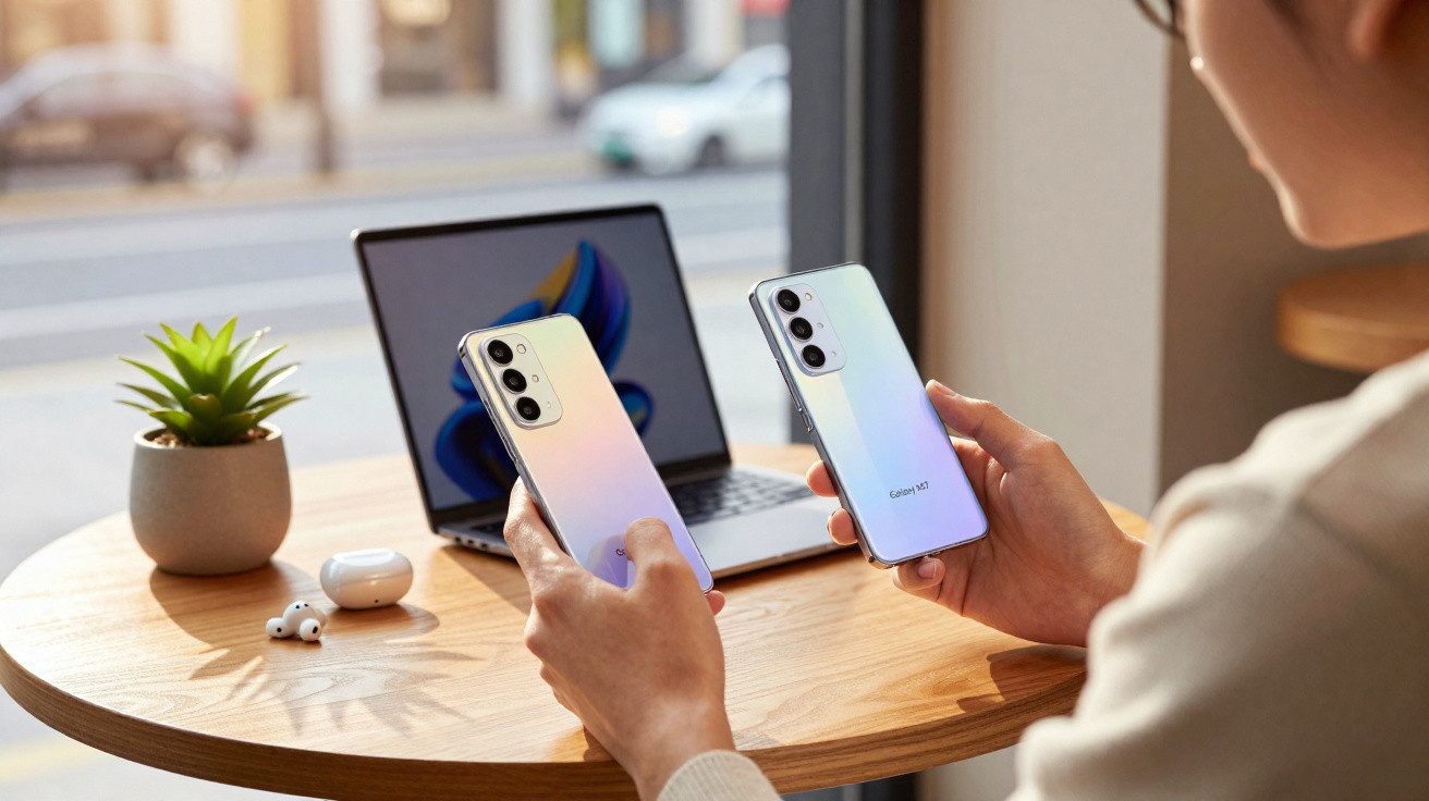 Pessoa a segurar dois telemóveis Samsung Galaxy S21 em frente a um computador portátil numa mesa de madeira.
