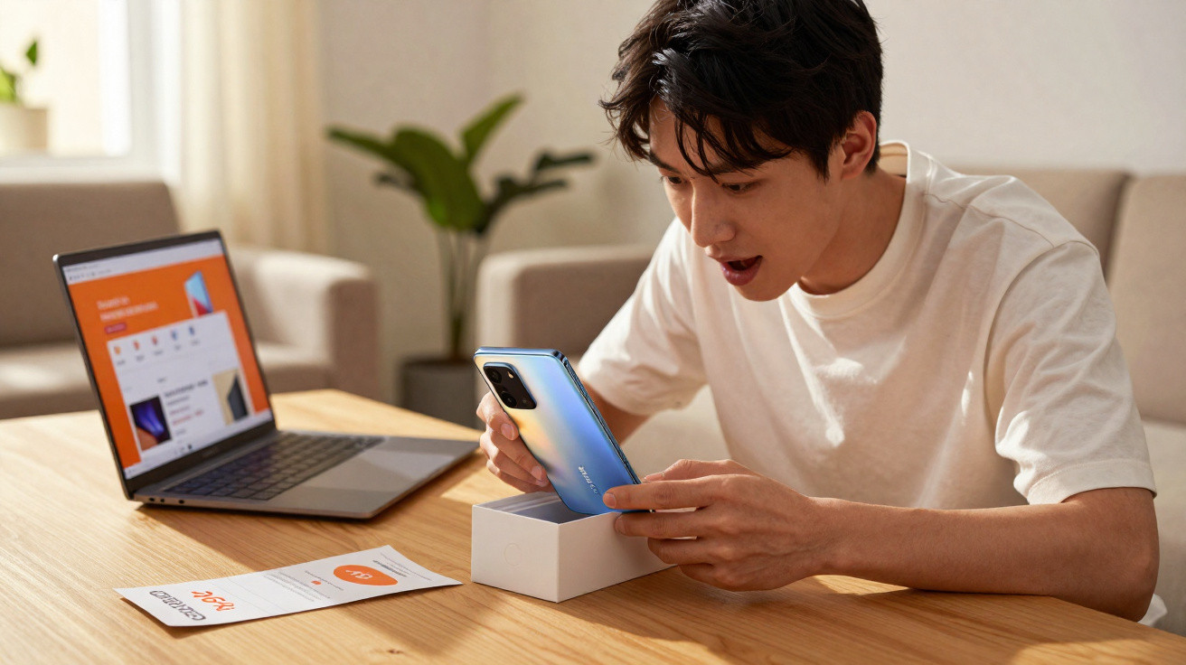 Jovem sentado a abrir uma caixa com um novo telemóvel azul, com portátil aberto à sua frente.