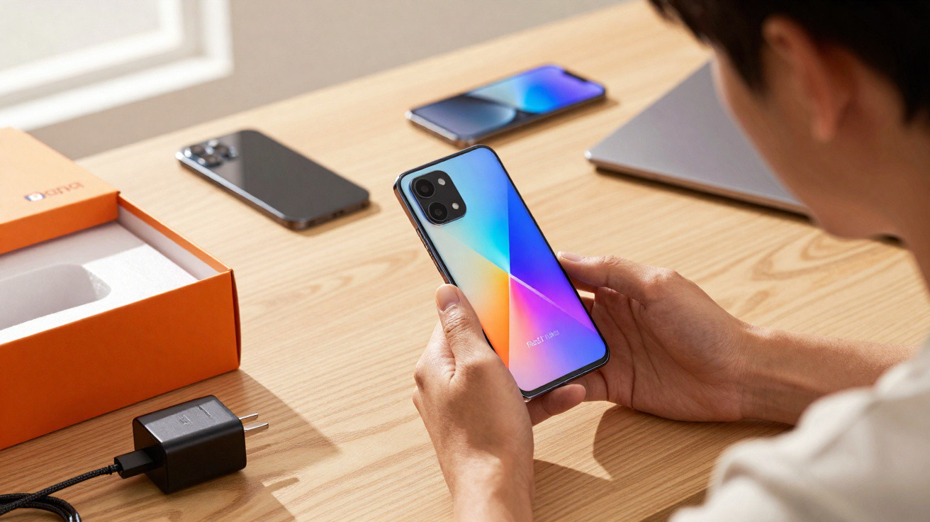 Pessoa a segurar e examinar telemóvel colorido sobre mesa com acessórios e outros dispositivos.