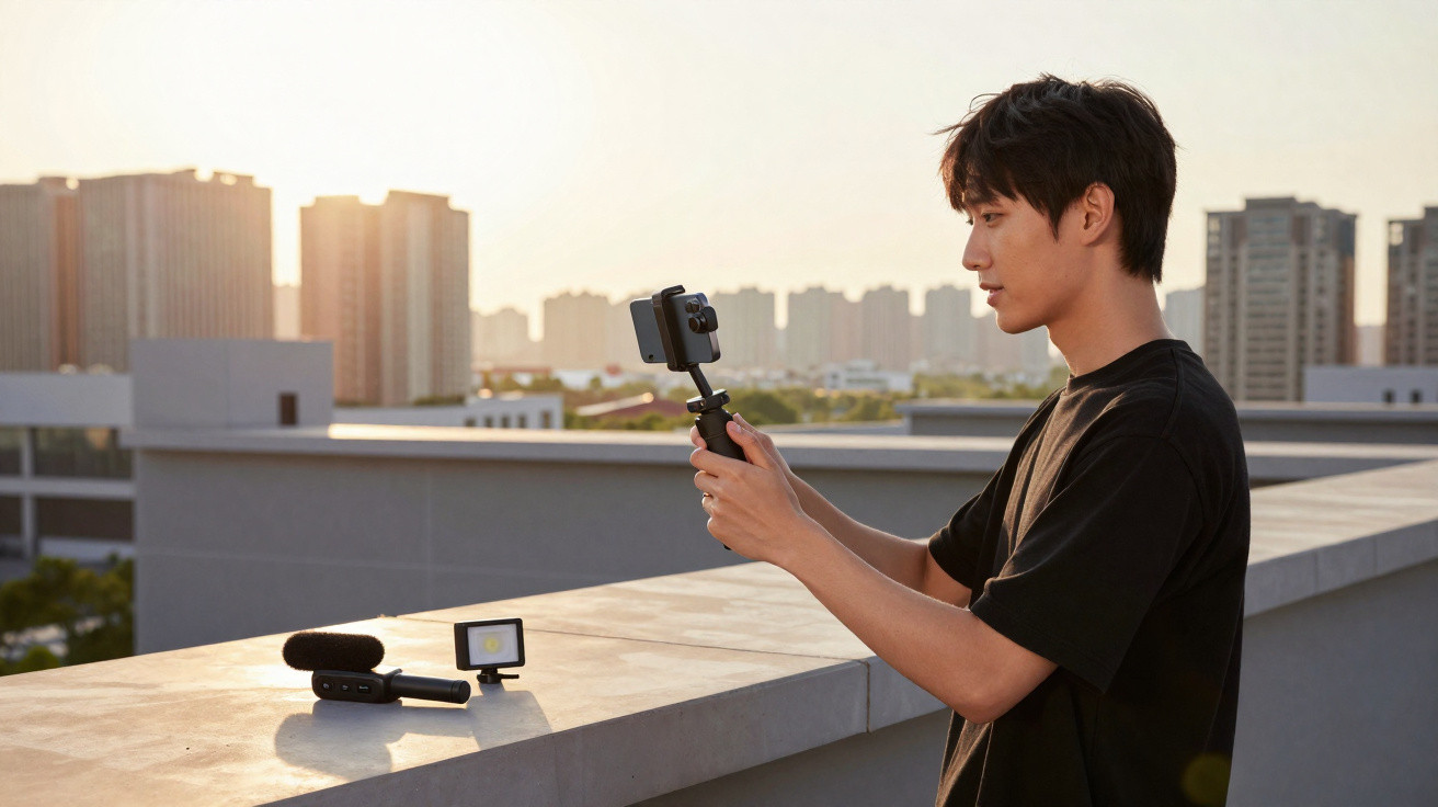 Jovem a fazer gravação com smartphone numa esplanada urbana ao pôr do sol, com microfone e luz LED apoiados na parede.