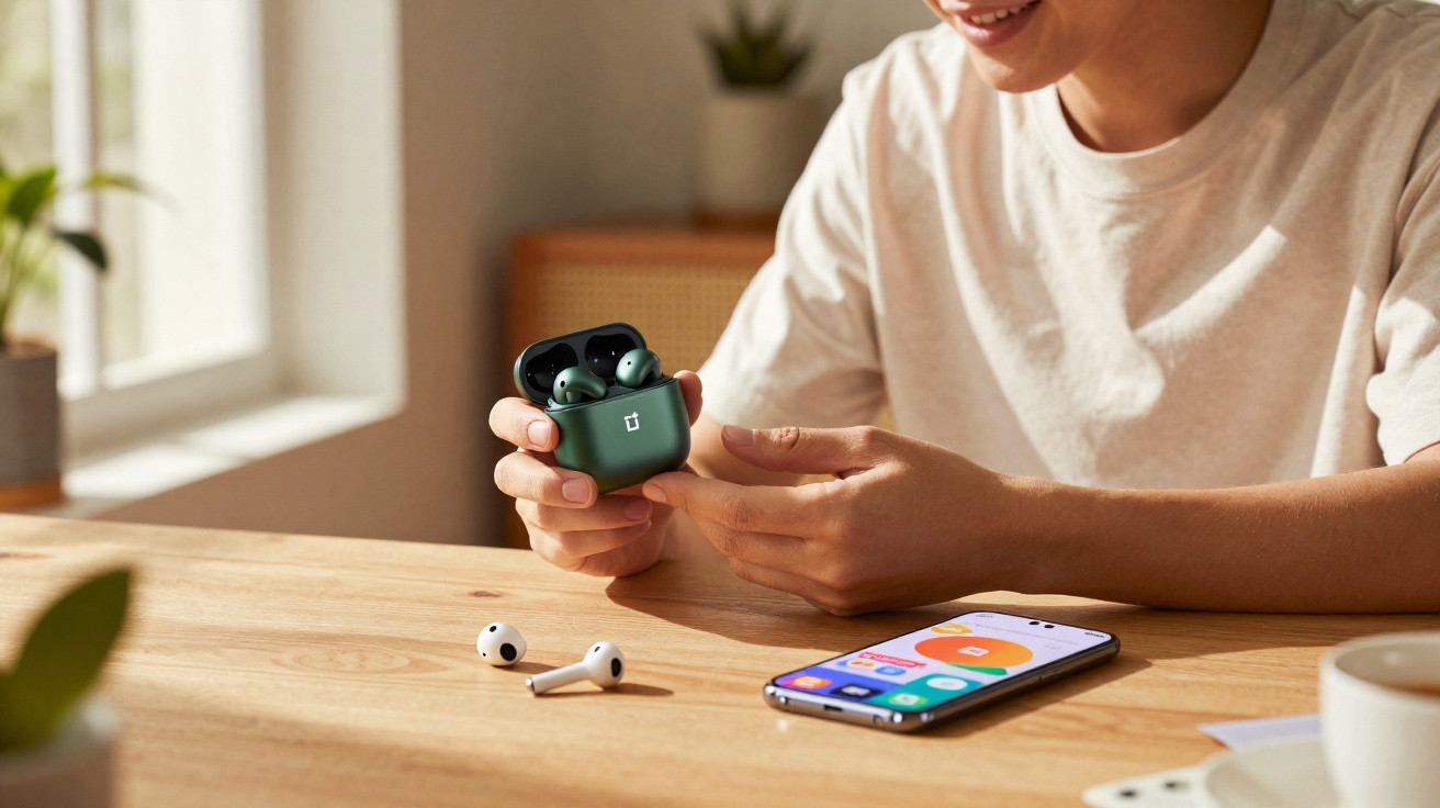 Pessoa segurando estojo com auscultadores OnePlus Buds enquanto smartphone está pousado na mesa de madeira.
