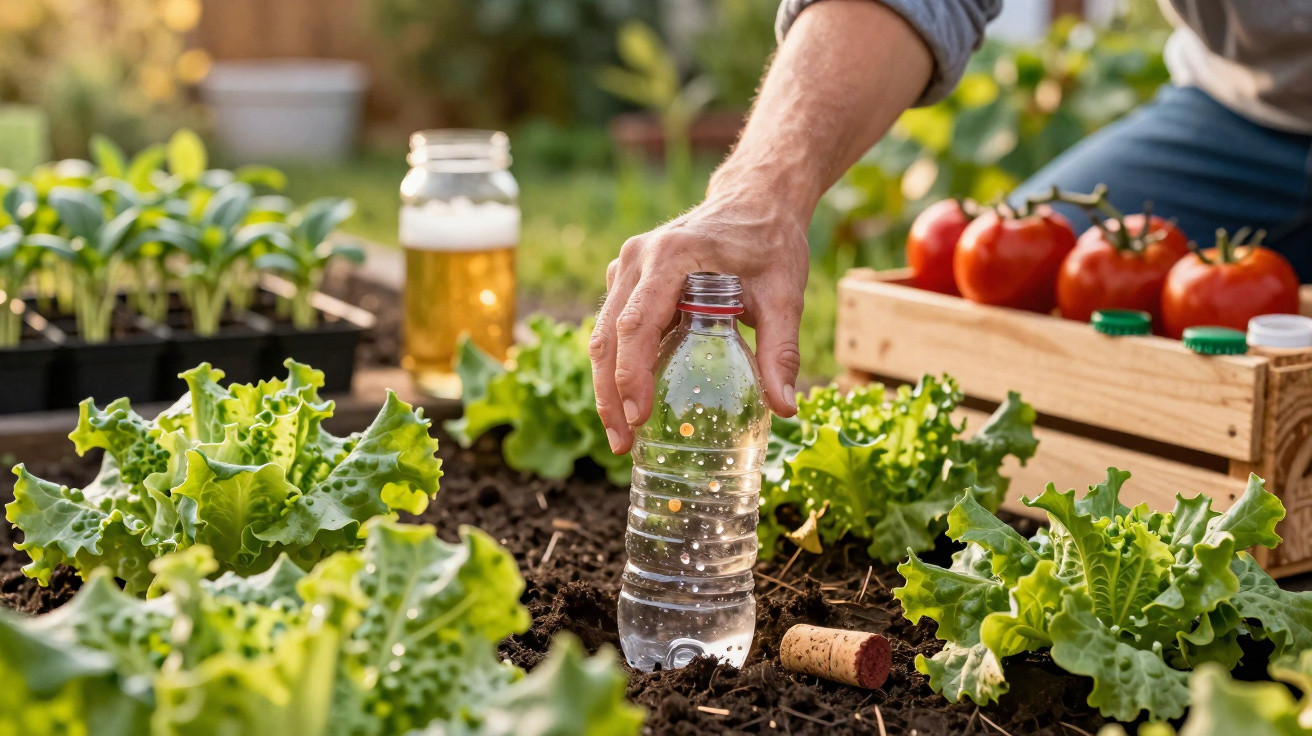 Mão a regar plantas hortícolas num jardim, com garrafa de plástico e caixa de tomates frescos ao fundo.