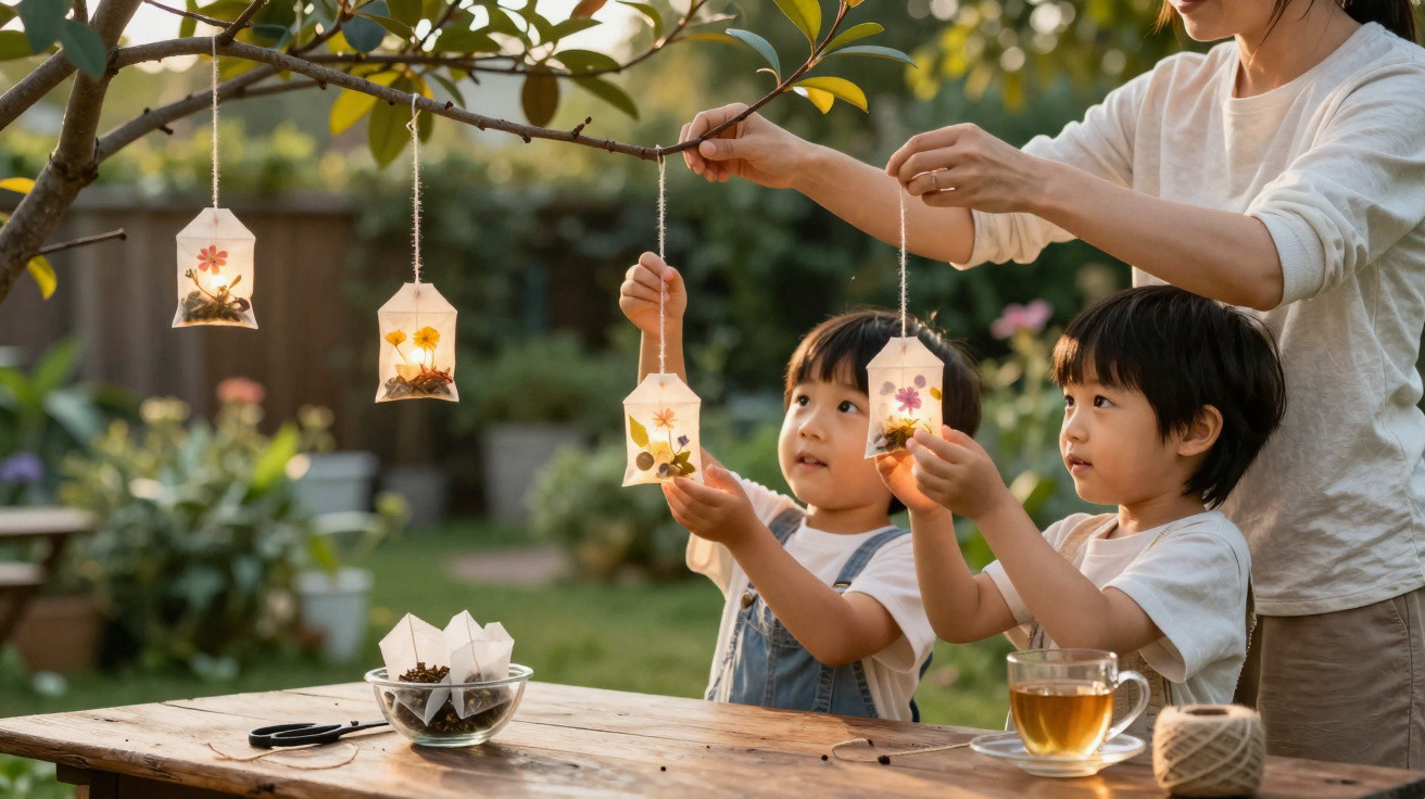 Crianças e mulher penduram lanternas artesanais decoradas com flores numa árvore no jardim.