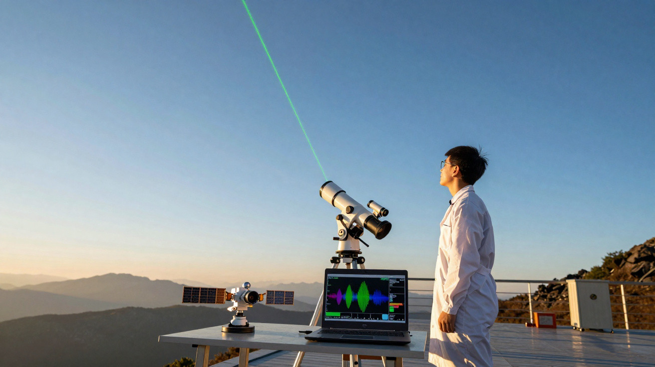 Pessoa com bata branca observa laser verde saindo de telescópio, com laptop e equipamento numa varanda ao pôr do sol.