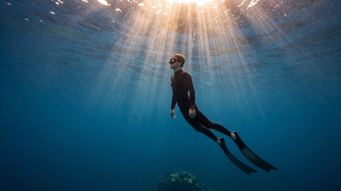 Mergulhador com fato e barbatanas a flutuar em águas claras com raios solares a iluminar o oceano.