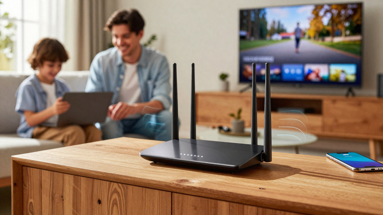 Roteador Wi-Fi a transmitir sinal numa sala, com pai e filho a usarem um tablet ao fundo.
