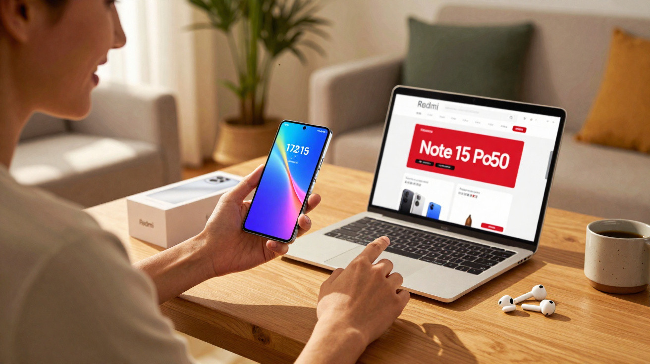 Pessoa a usar telemóvel junto a computador portátil com página da Redmi aberta numa mesa de madeira.