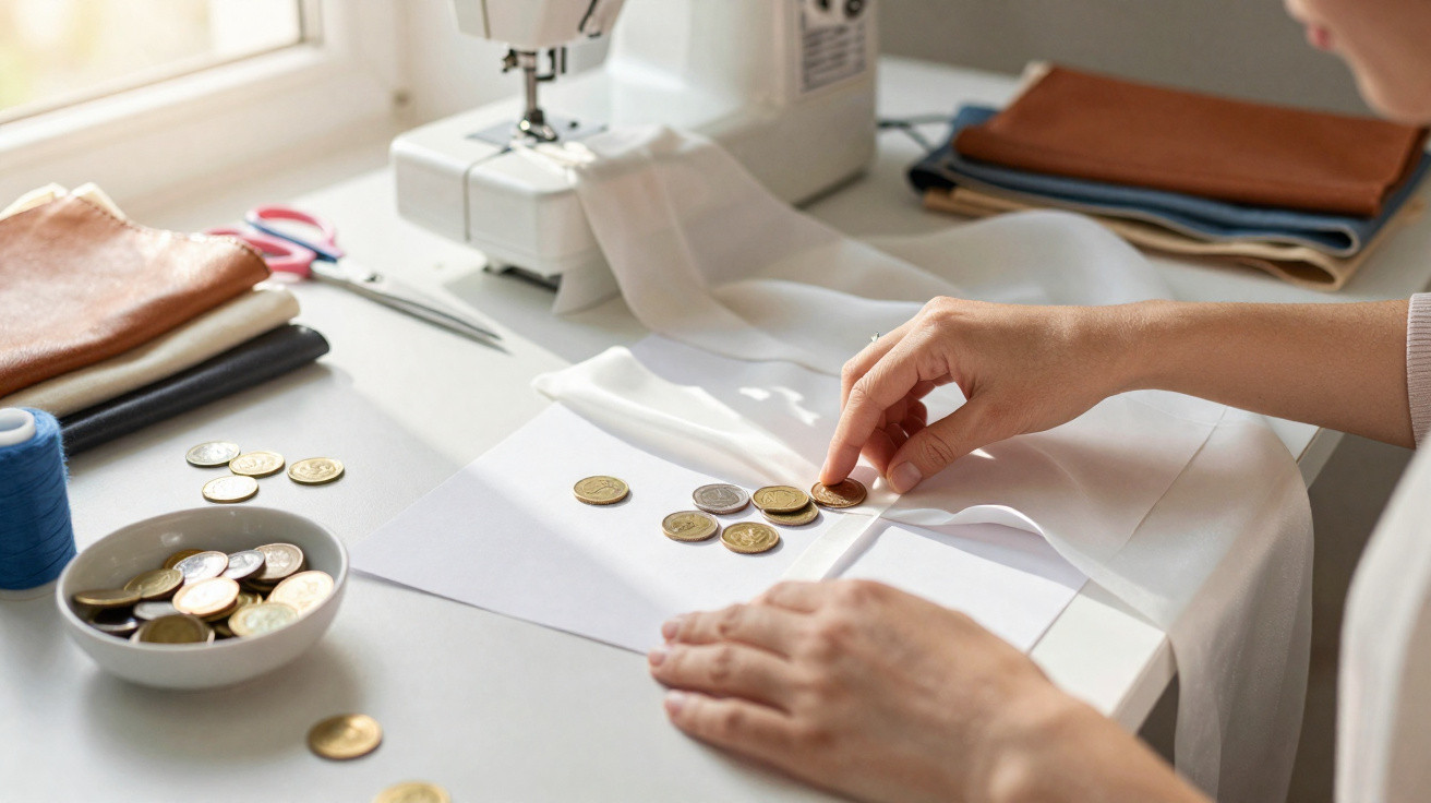 Pessoa a contar moedas em cima de uma mesa com máquina de costura e materiais de trabalho.