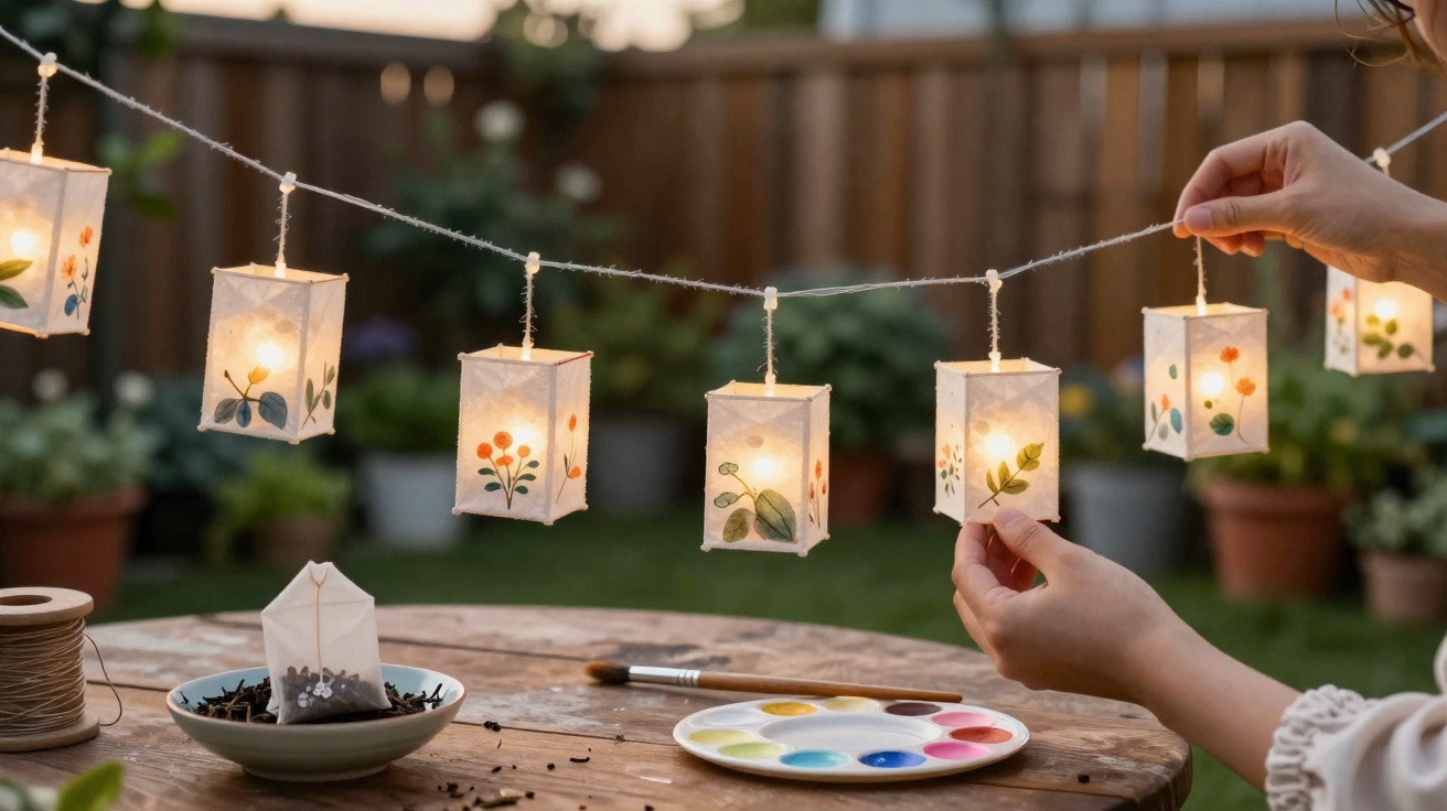 Mãos pendurando uma guirlanda de luzes com lanternas de papel decoradas com flores pintadas.