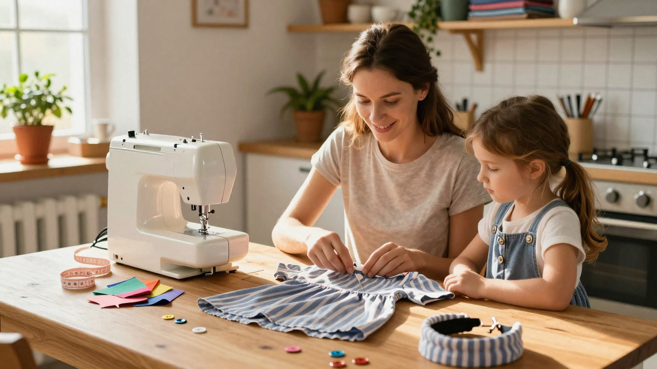 Mulher e menina a coser roupa numa mesa com máquina de costura e botões espalhados, numa cozinha.