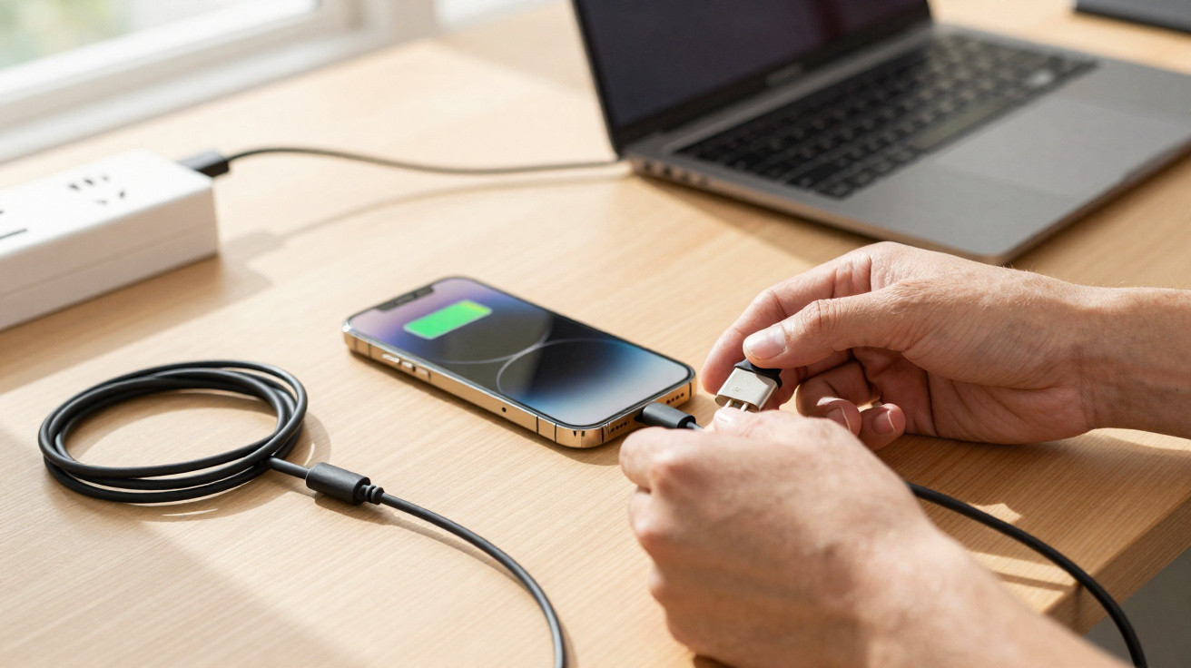 Mãos a ligar cabo USB-C a iPhone com bateria a carregar perto de portátil sobre mesa de madeira clara.