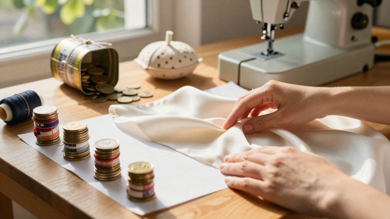Mãos a preparar tecido branco numa mesa com moedas empilhadas, carretos de linha e máquina de costura ao fundo.