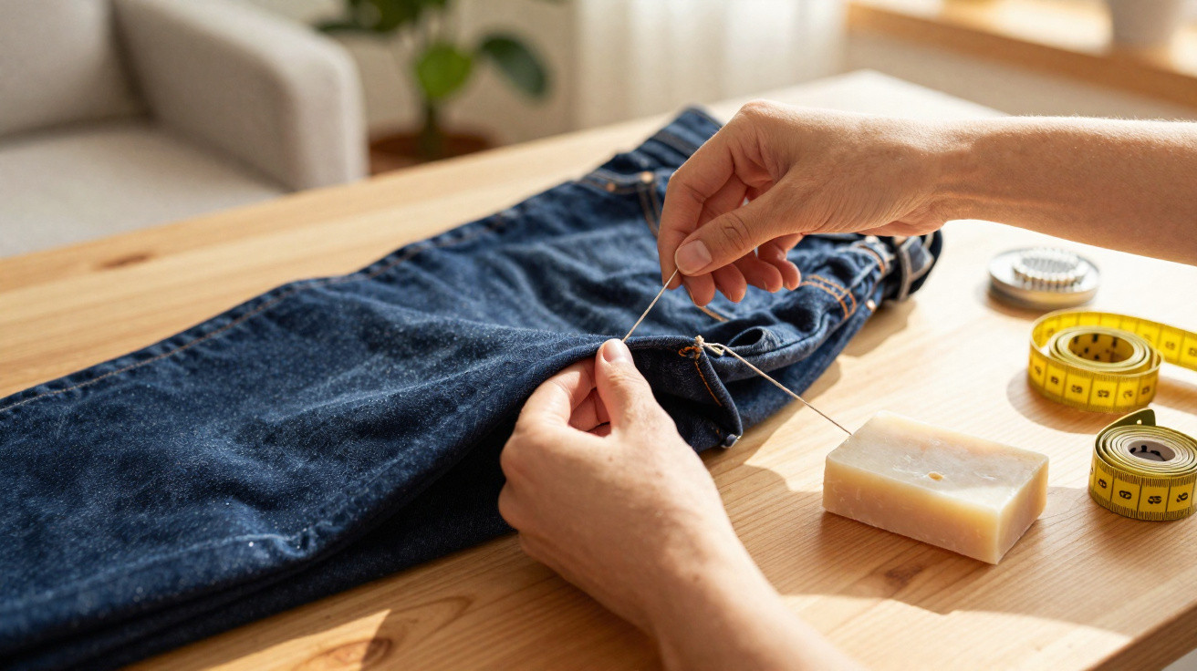 Pessoa a coser com agulha e linha uns jeans azuis sobre uma mesa de madeira com fita métrica e sabão.