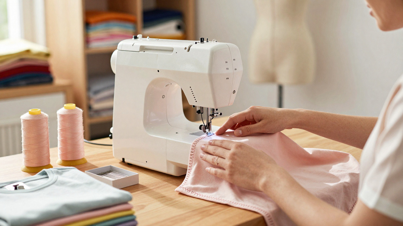 Máquina de costura branca a trabalhar num tecido cor-de-rosa numa mesa de madeira com linhas e roupa dobrada.