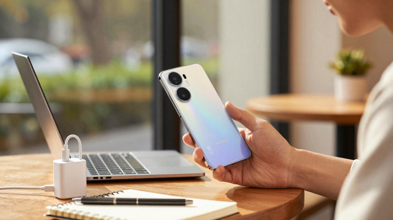 Pessoa a segurar um smartphone com capa iridescente junto a um portátil aberto e um caderno numa mesa de madeira.