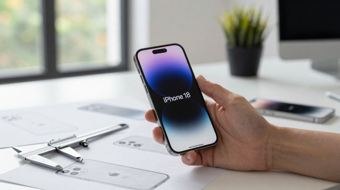 Mão a segurar um iPhone 18 em cima de mesa com plantas, um desenho do telemóvel e um paquímetro.