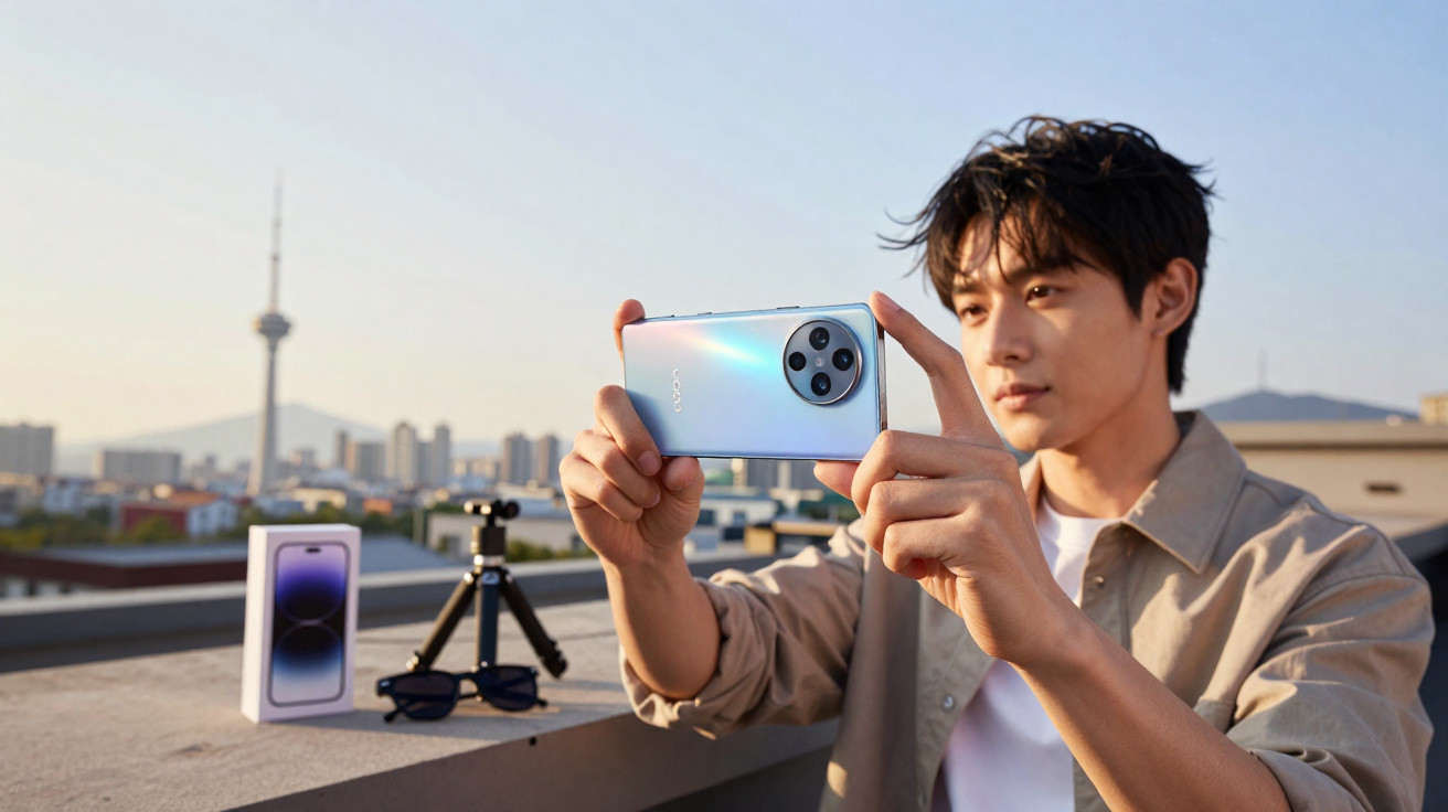 Homem a tirar foto com smartphone num terraço, com tripé, óculos e caixa do telemóvel à sua frente.