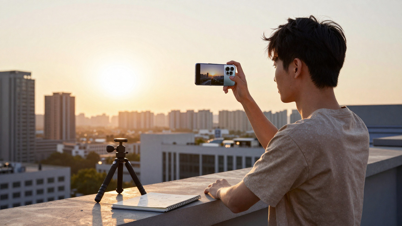 Jovem tira fotografia da cidade ao pôr do sol numa varanda, com caderno e tripé ao lado.