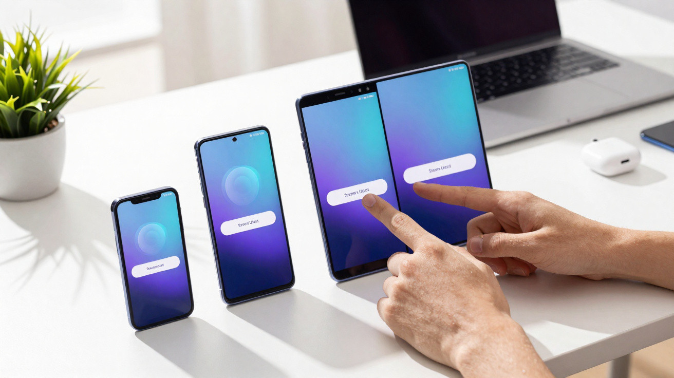 Quatro smartphones de diferentes tamanhos alinhados sobre uma mesa branca com mãos a tocar nos ecrãs.