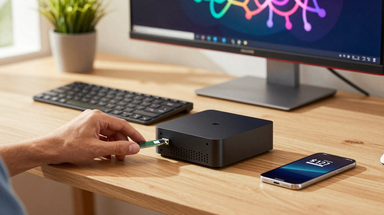 Pessoa a ligar pen USB a mini computador numa secretária com teclado, ecrã e smartphone.