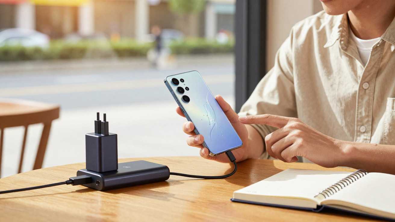 Pessoa segurando smartphone azul ligado a bateria portátil para carregamento numa mesa com caderno aberto.