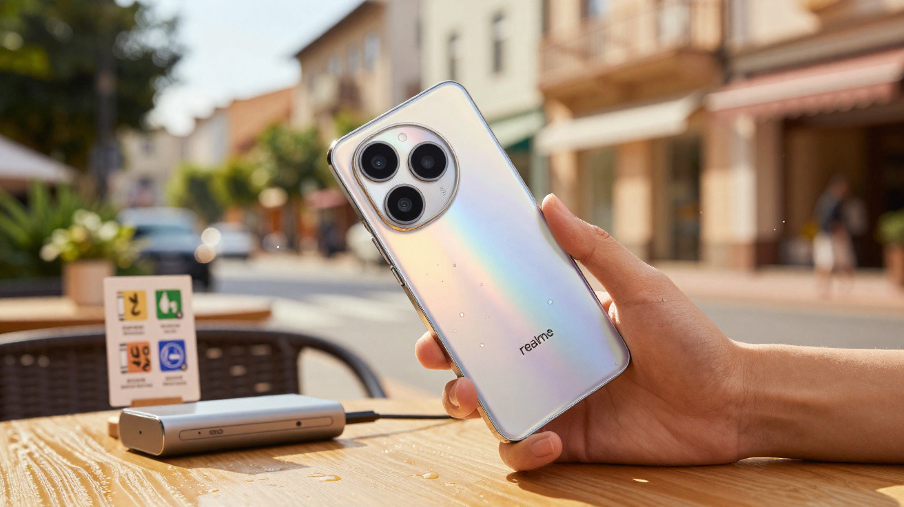 Pessoa a segurar smartphone Realme prateado sobre mesa de madeira numa esplanada urbana.
