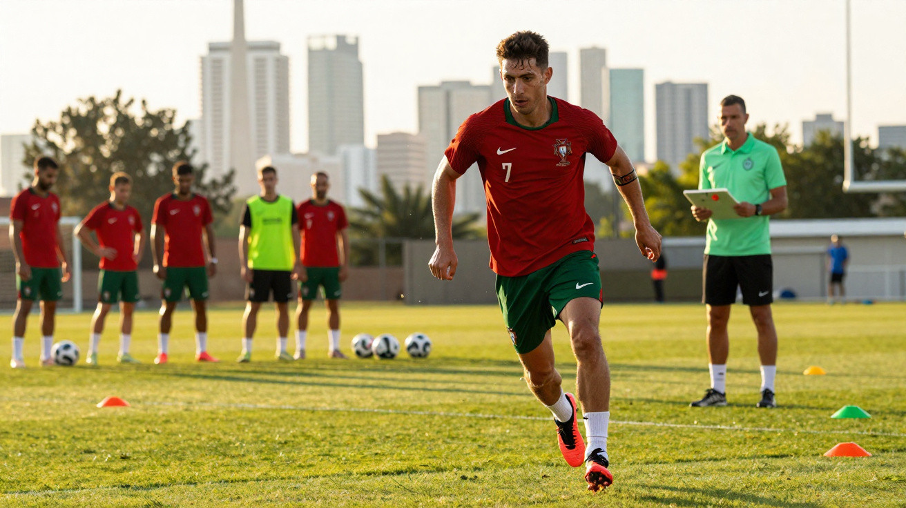 Jogador de futebol de Portugal a correr em treino, com equipa e treinador ao fundo num campo ao ar livre.