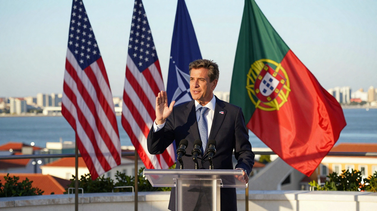 Político a discursar em púlpito com bandeiras dos EUA, NATO e Portugal ao fundo, numa varanda com vista para a cidade.