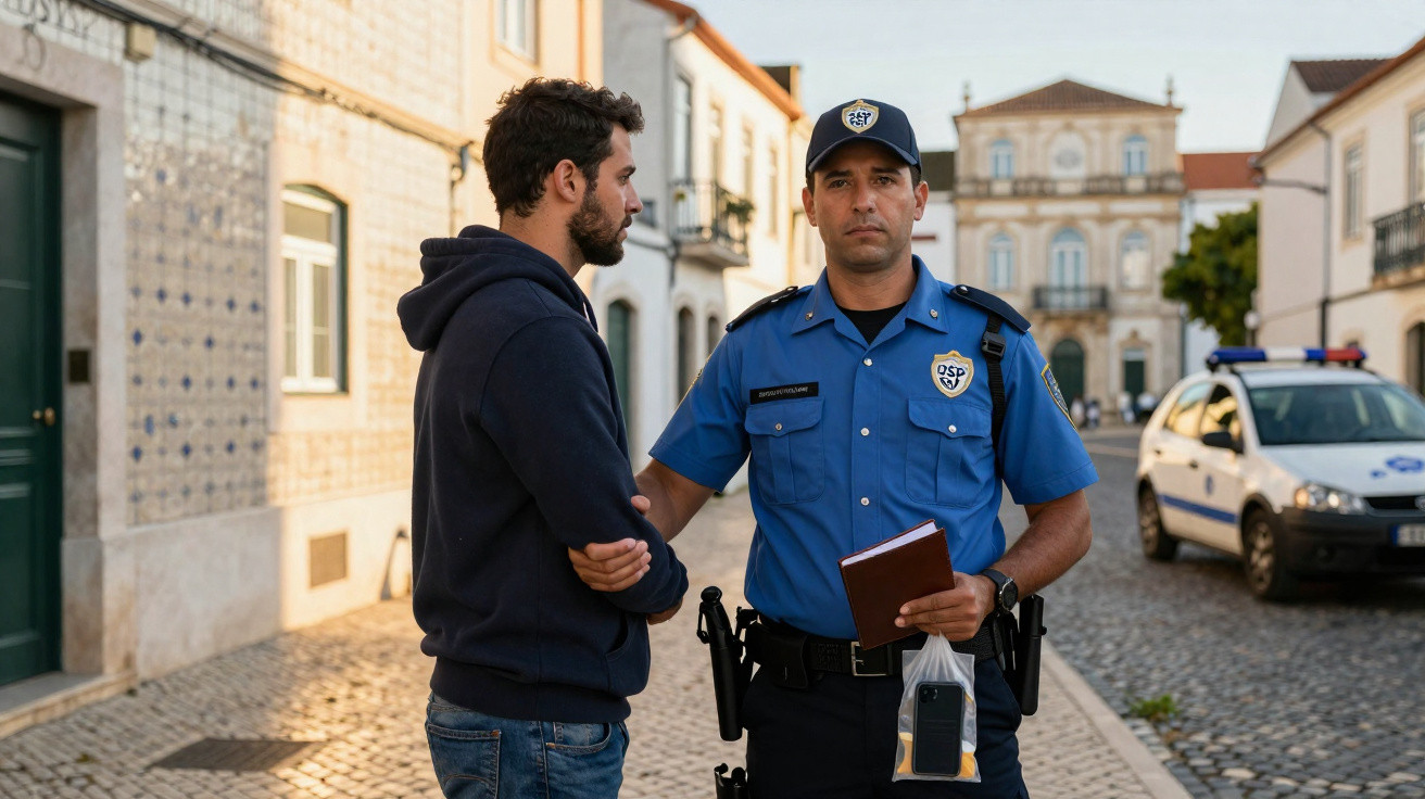 Polícia municipal a deter um homem na rua de uma vila com casas típicas ao fundo.