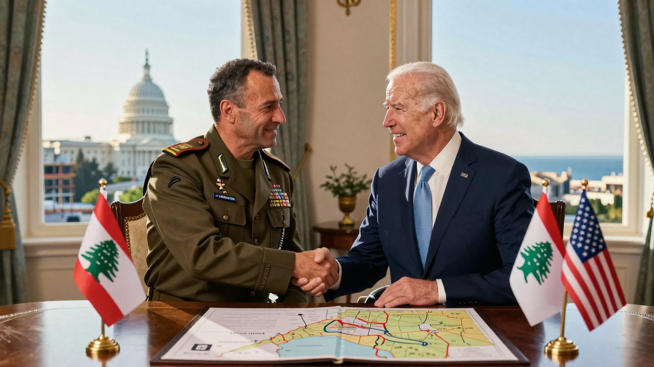 Presidente dos EUA e general libanês apertam mãos com mapa à frente e bandeiras do Líbano e EUA ao lado.