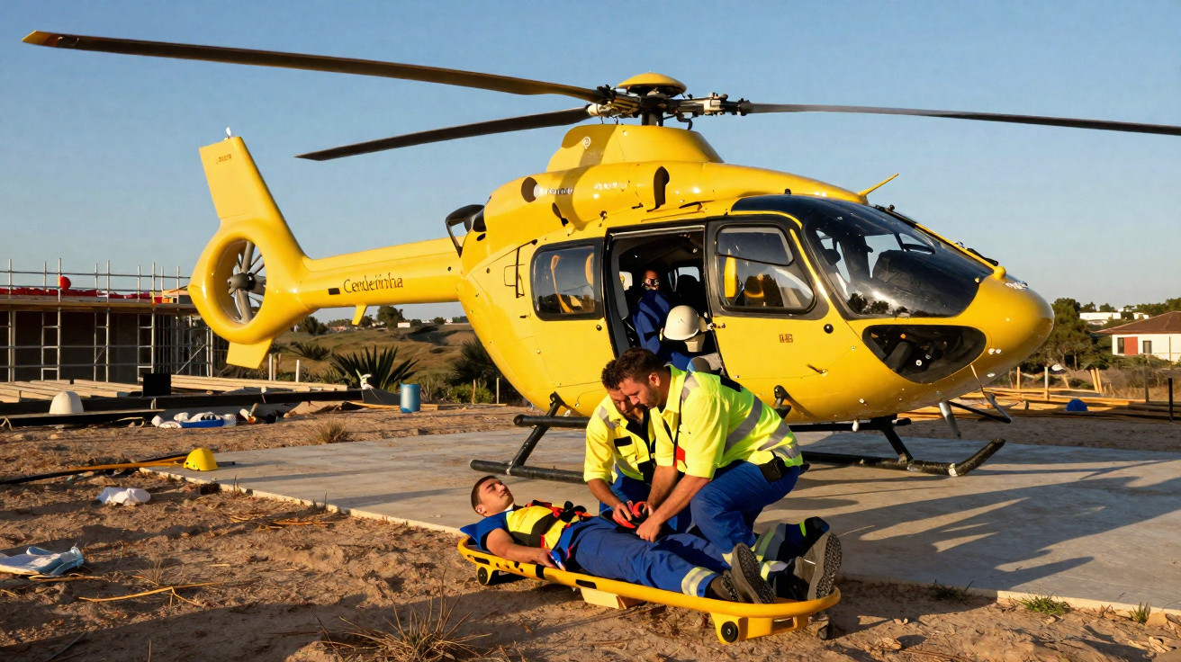 Helicóptero amarelo com equipa médica a socorrer vítima numa maca ao ar livre numa zona rural.