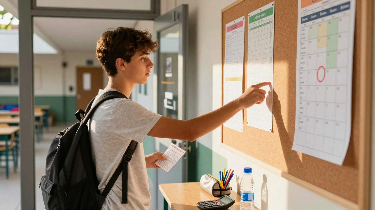Jovem estudante com mochila consulta avisos e calendário numa escola, segurando papel na mão.