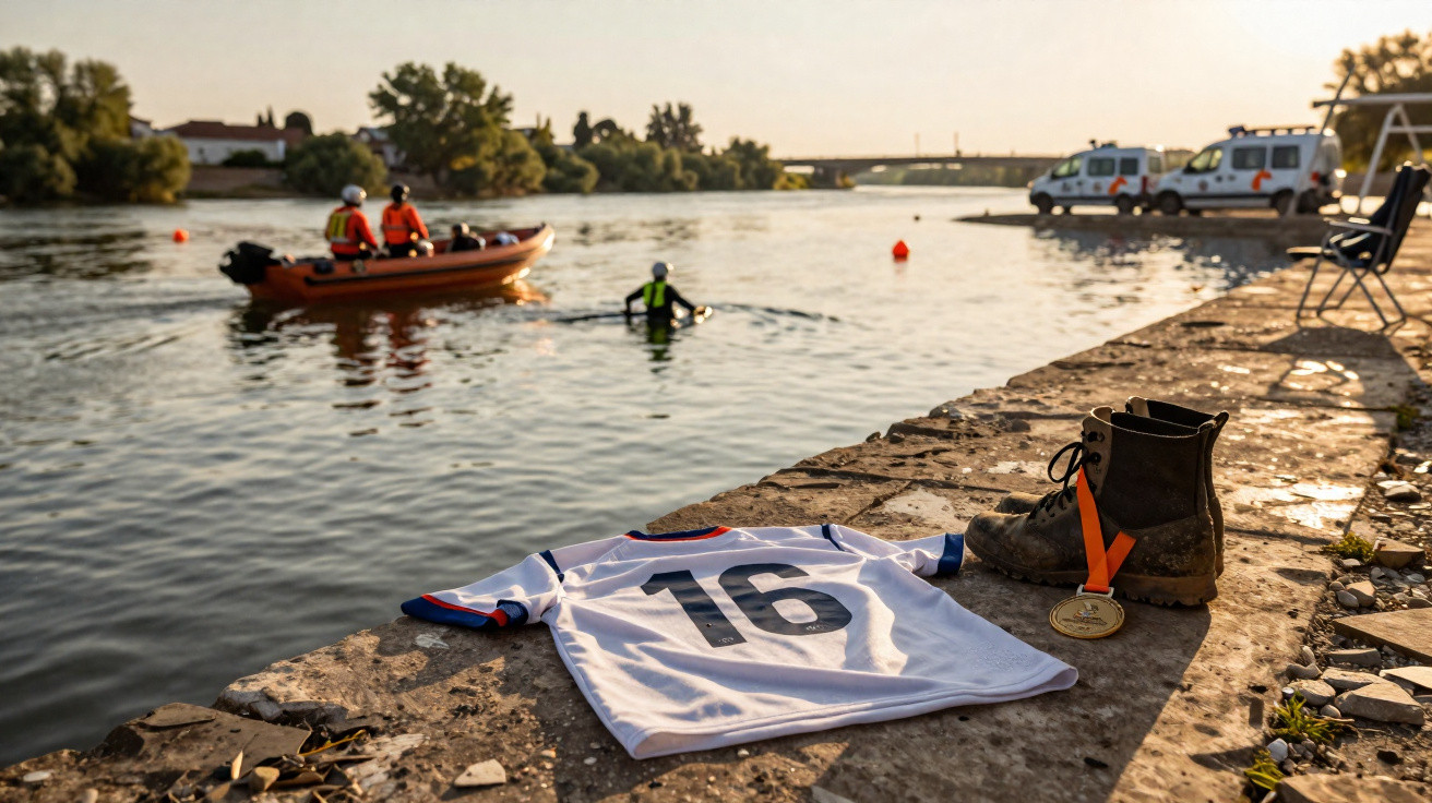 Camisola, bota com medalha e equipa de resgate aquático num rio ao pôr do sol.