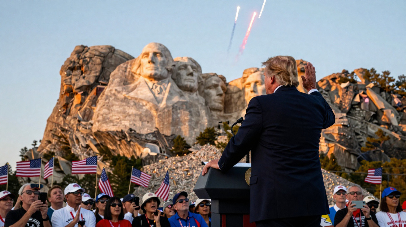Homem em fato cumprimenta multidão com bandeiras dos EUA perto do Monte Rushmore ao pôr do sol.