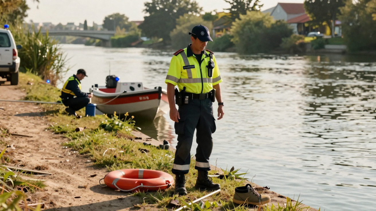 Dois agentes de autoridade à beira de um rio com equipamento de salvamento e uma balsa ao fundo.