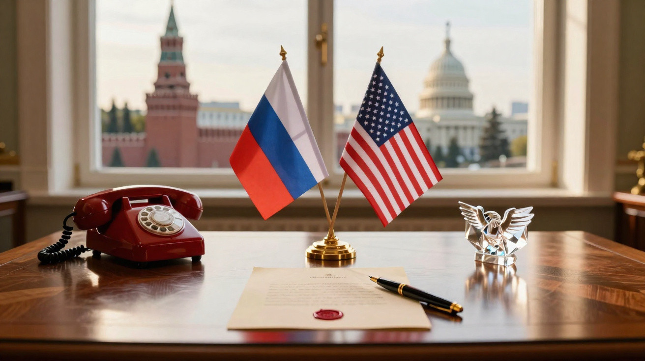 Mesa de escritório com bandeiras da Rússia e EUA, telefone antigo vermelho e documento com caneta, em sala com janelas grande